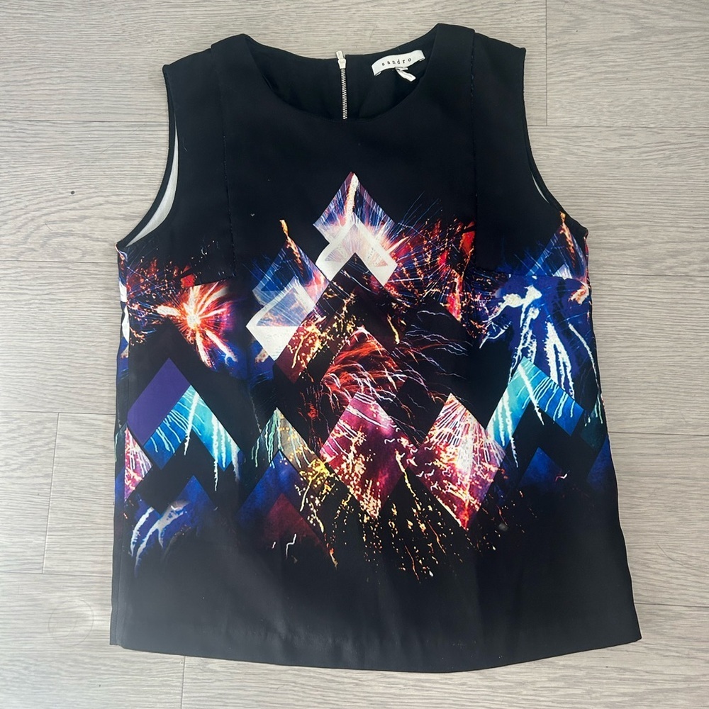 Sandro Geometric Print Black Sleeveless Top Size Small